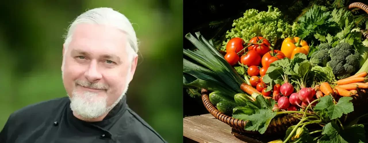 TIMS school chef next to a basket of fresh vegetables